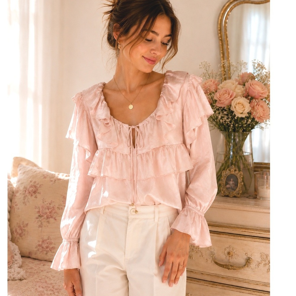 Francesca's NWT Light Pink Satin Ruffle Blouse Women's L Romantic Cottagecore